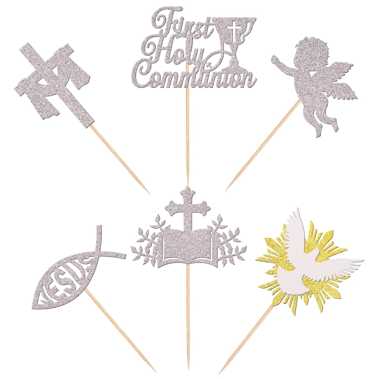 Rssta i Cupcake Toppers 24 Pack, First Holy Communion, Cross Dove Angel, Silver, Model XM279-silver