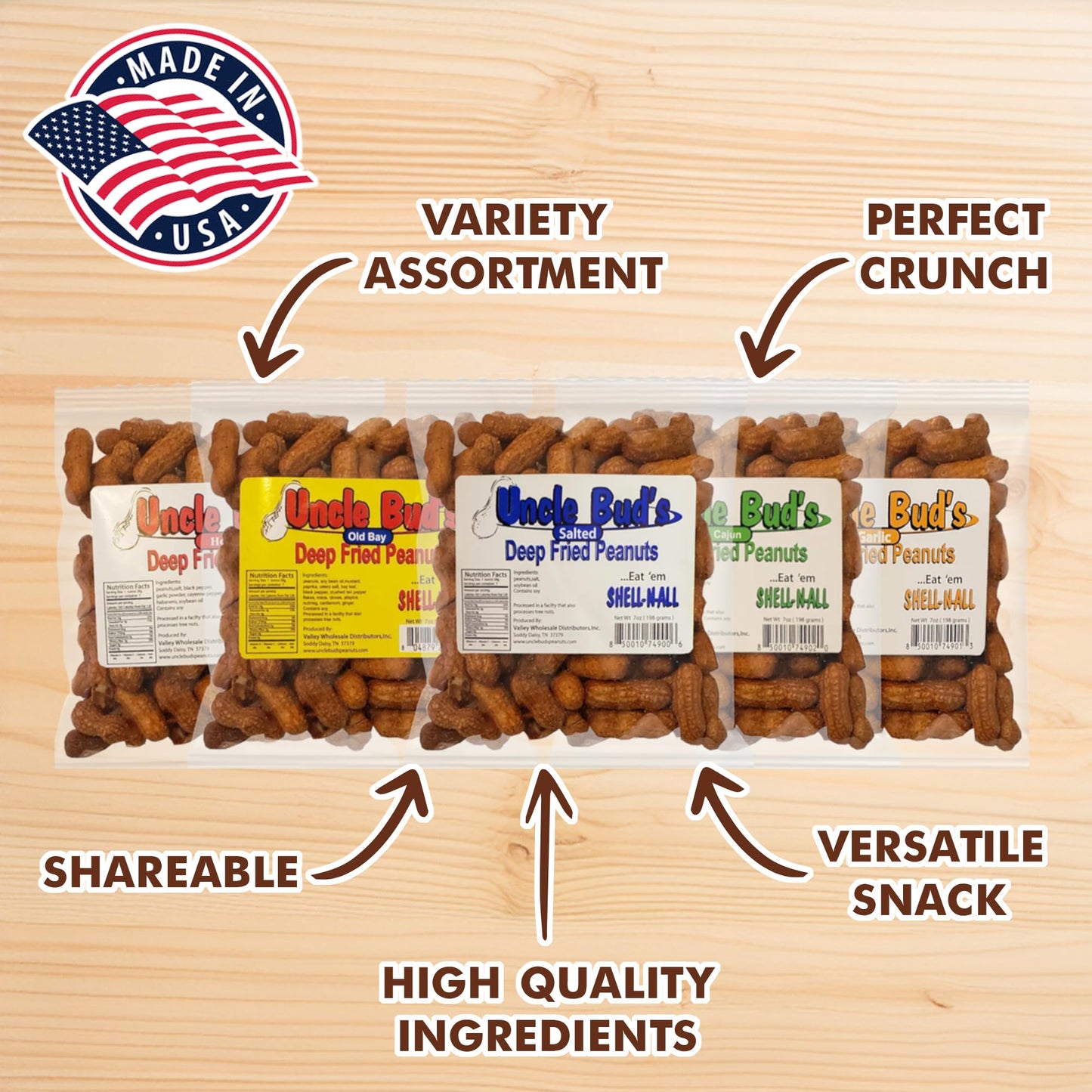 Uncle Bud'S Deep Fried Peanuts In Shell (5 Pack), Peanuts Individual Packs: Salted, Cajun, Garlic, Hot, Old Bay, Bacon Bbq, Crun