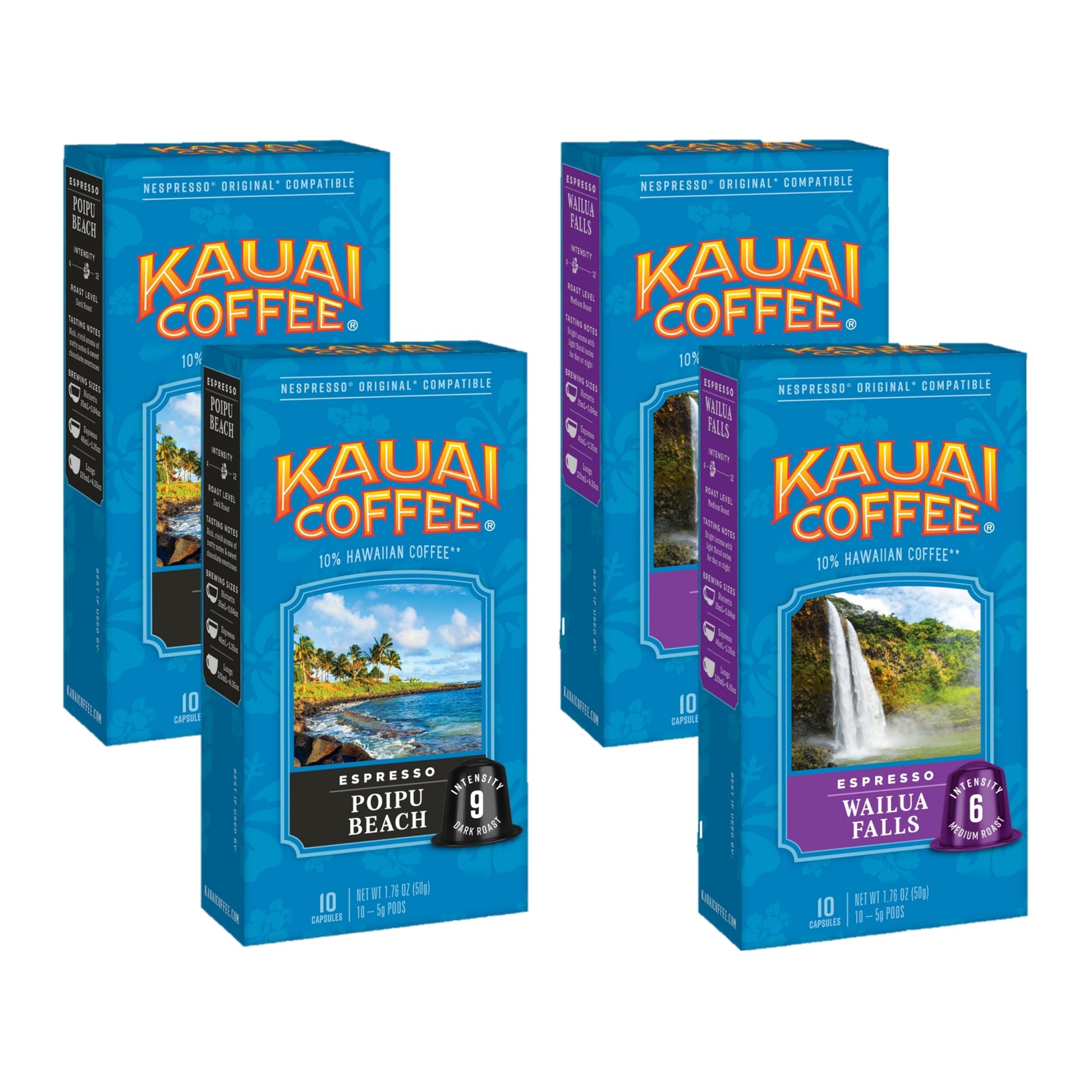Kauai Coffee Espresso Pods Compatible With Nespresso Original Coffee Makers – 10% Hawaiian Arabica Coffee – Medium & Dark Roast Variety Pack – Poipu Beach And Wailua Falls, 4 Packs Of 10 Espresso Pods