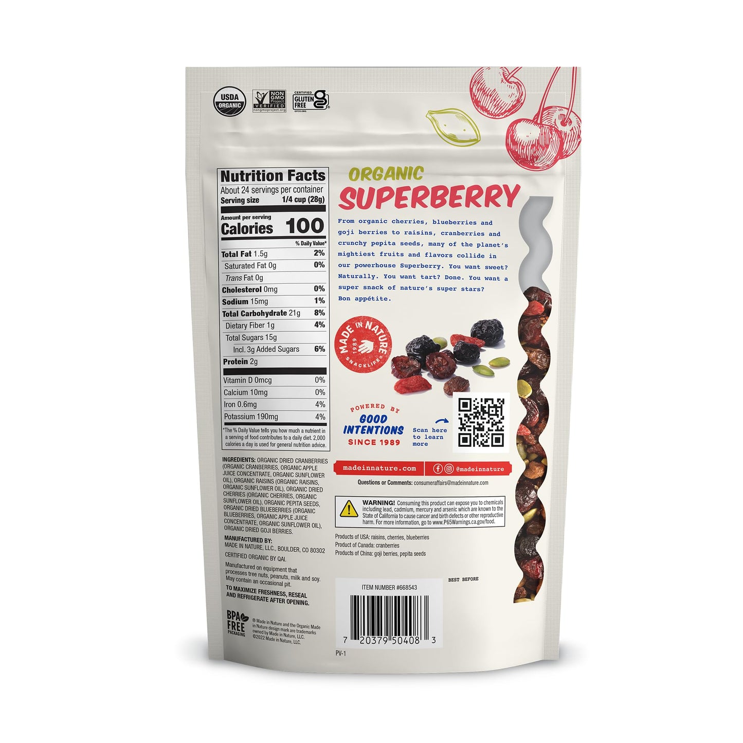 Made in Nature Organic Superberry Fruit Fusion, 24 Ounce (Pack of 1) - Fruit and Nut Trail Mix, Non-GMO, Unsulfured, Gluten Free