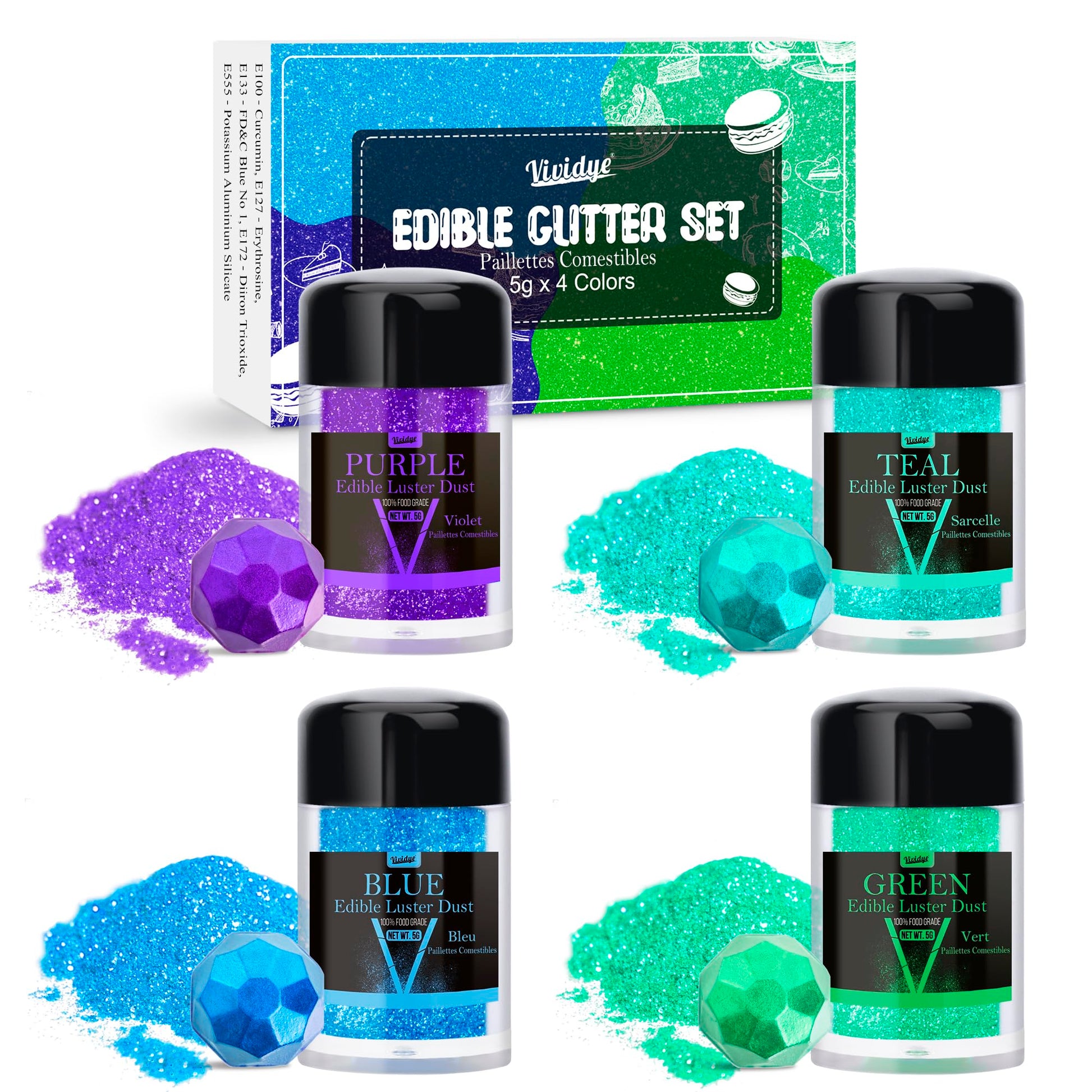 Vividye Edible Glitter Powder - Luster Dust for Baking & Drinks - 4 Colors - 5g Bottles
