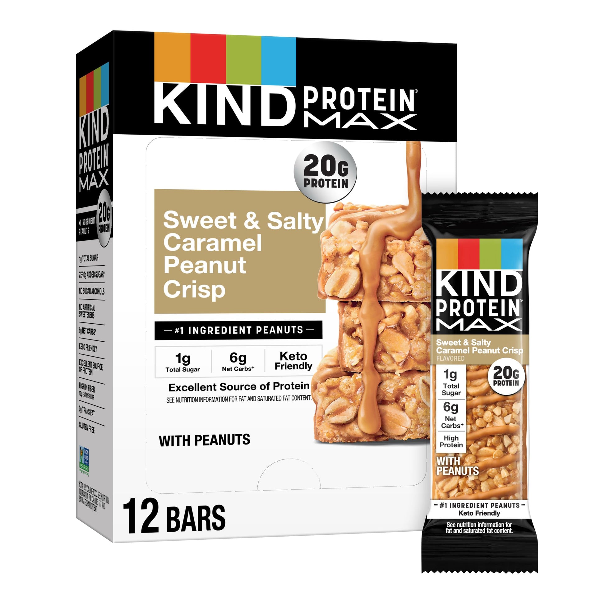 Kind Protein Max Sweet & Salty Caramel Peanut Crisp Snack Bars, Keto Friendly, 20G Protein, 12 Count