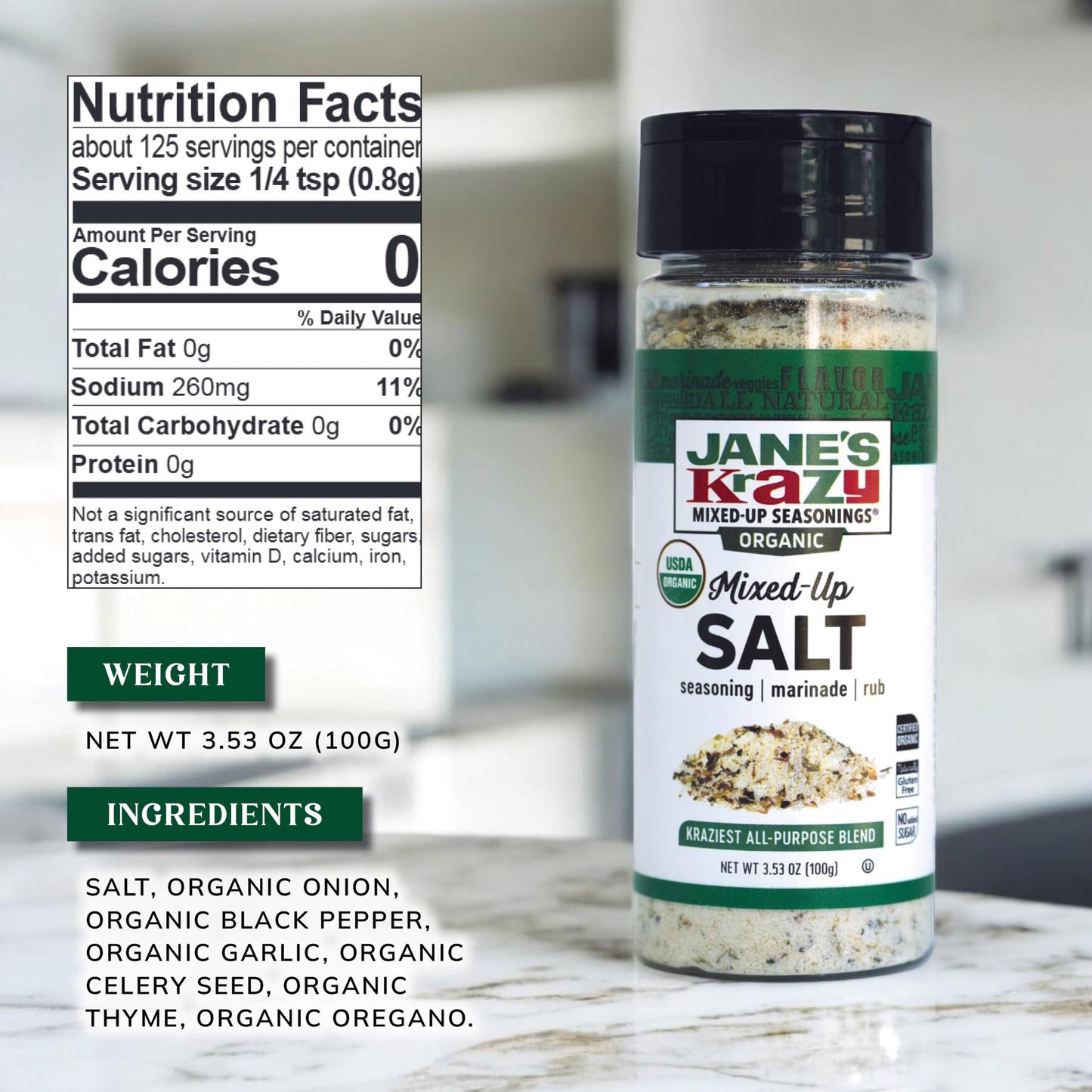 Janes Krazy Organic Mixed-Up Salt Blend 3.53oz | Seasoned Salt | Original Janes Krazy Seasoning Salt now Certified USDA Organic