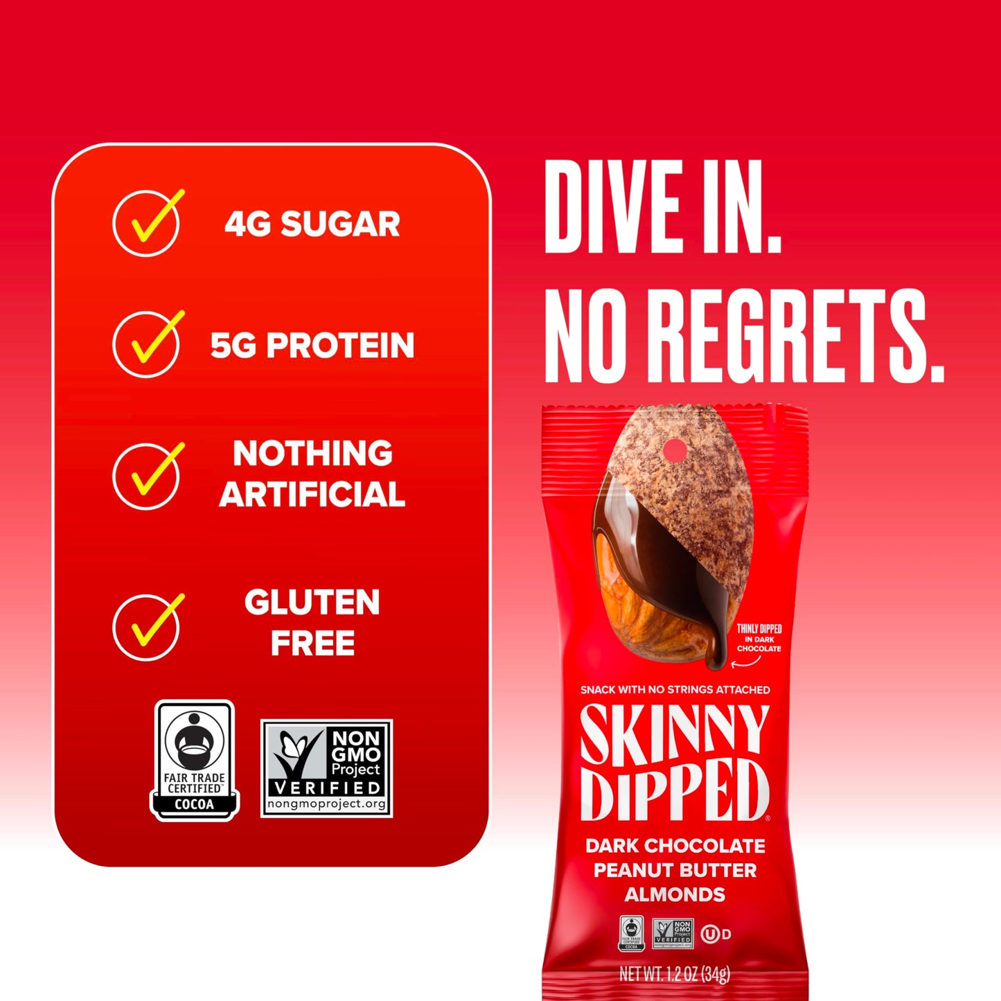 SkinnyDipped Dark Chocolate Peanut Butter Almonds, Chocolate Covered Almonds, Low Sugar, Gluten Free, Healthy Snack, 1.2 Ounce B