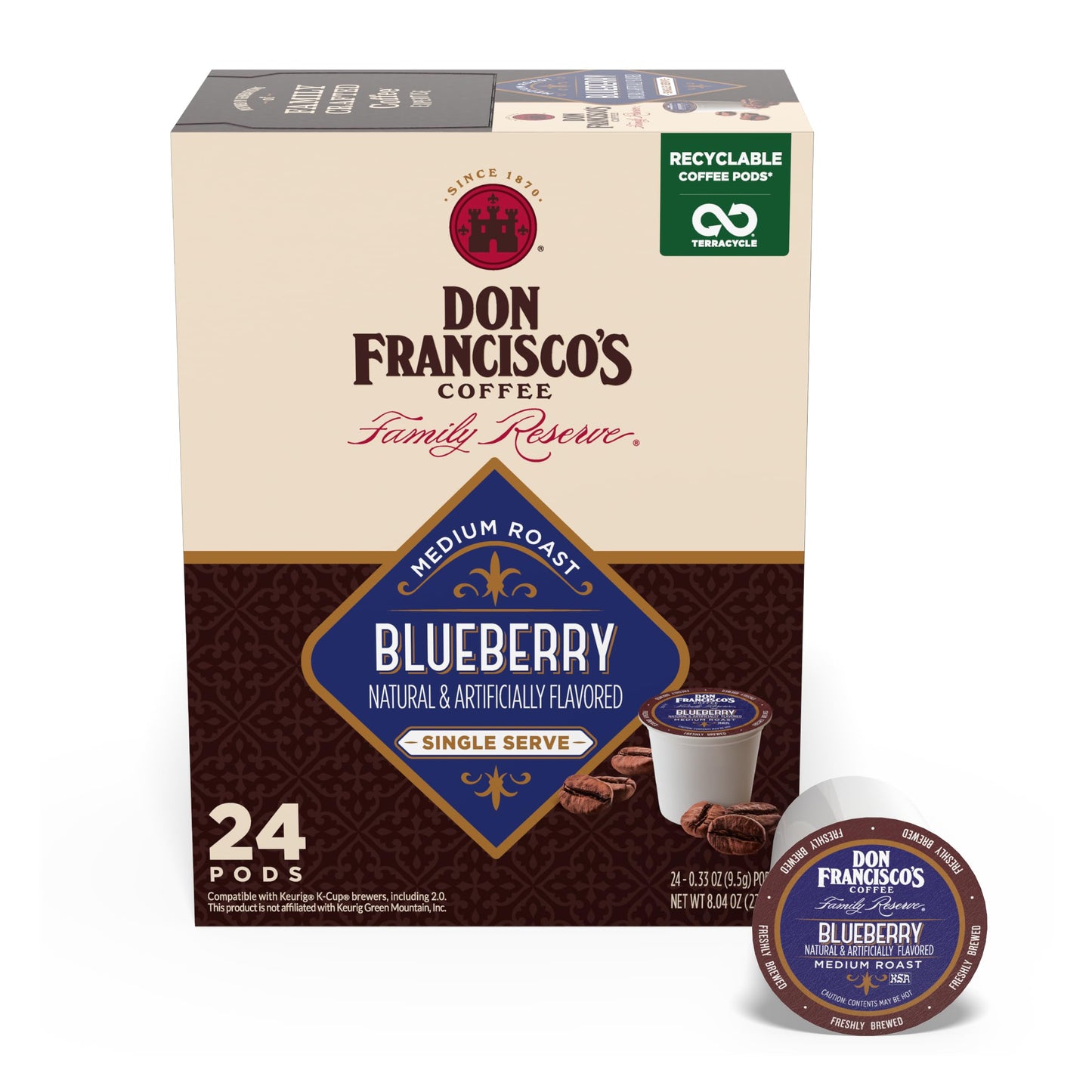 Don FranciscoS Blueberry Flavored Coffee Pods  24 Count  Medium Roast  Compatible With Keurig Beverage Makers