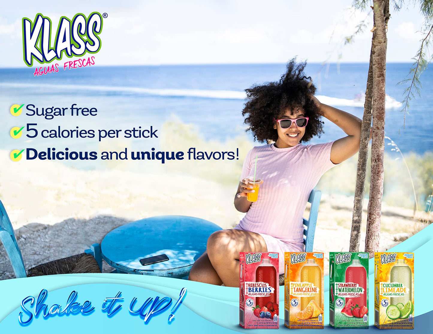 Klass Aguas Frescas Variety Pack Sugar Free Drink Mix, Cucumber Limeade, Strawberry Watermelon, Hibiscus Berries & Pineapple Tangerine (4 Pack 40 Count)