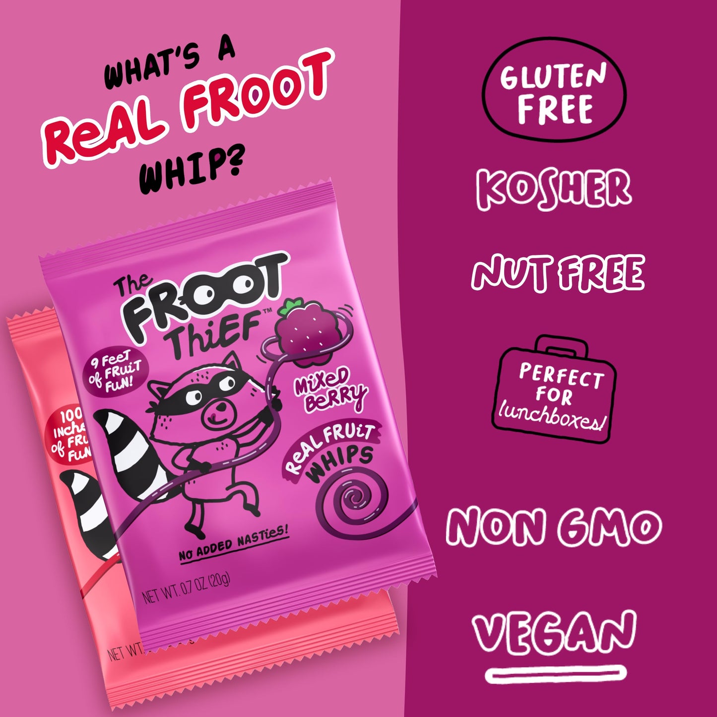 The FROOT Thief Real Fruit Snack Whips BIG Variety Pack, Nut Free, Individual Bags for Kids School Lunches, 10xStrawberry, 10xMi