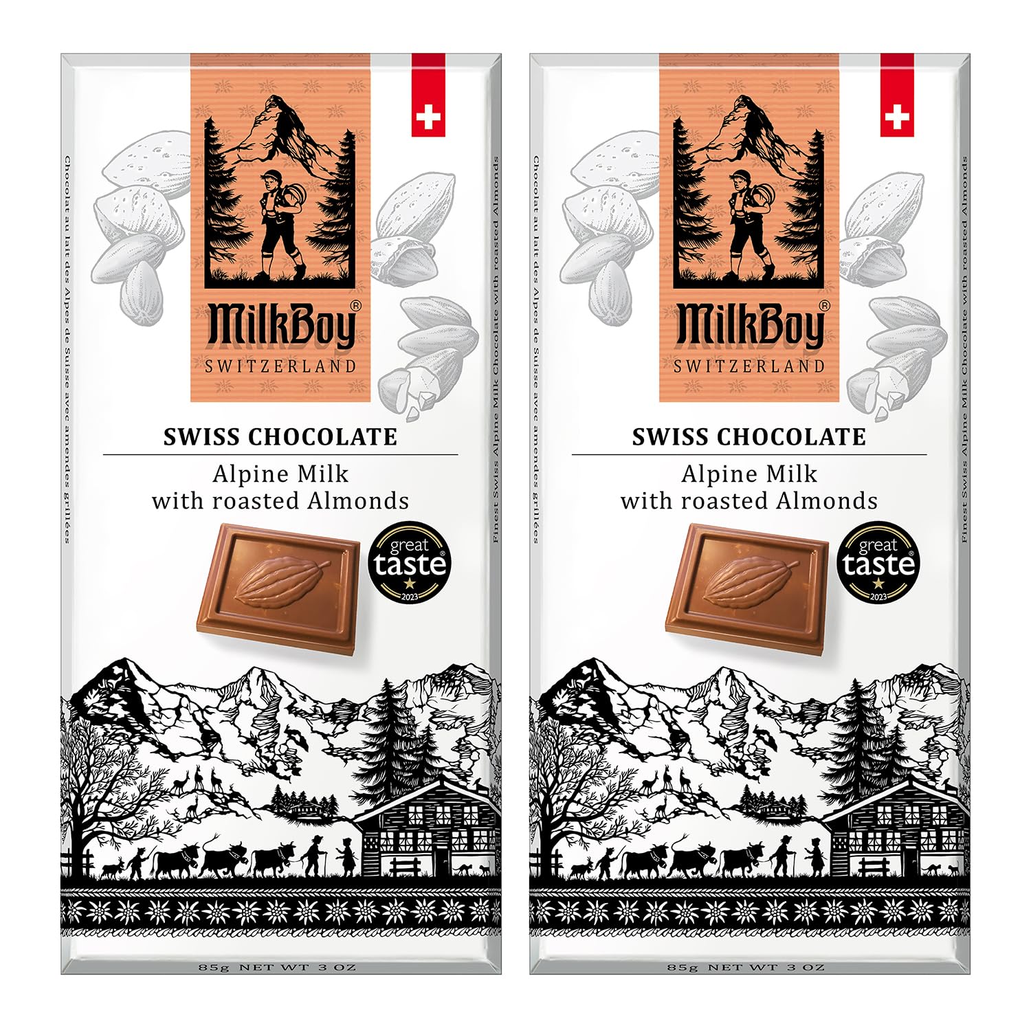 Milkboy Swiss Chocolates Almond Chocolate Bars - Top-Grade Swiss Alpine Milk Chocolate With Almonds - All Natural  Gluten-Free  Non-Gmo - Made In Switzerland  Kosher - 3 Oz  Pack 2