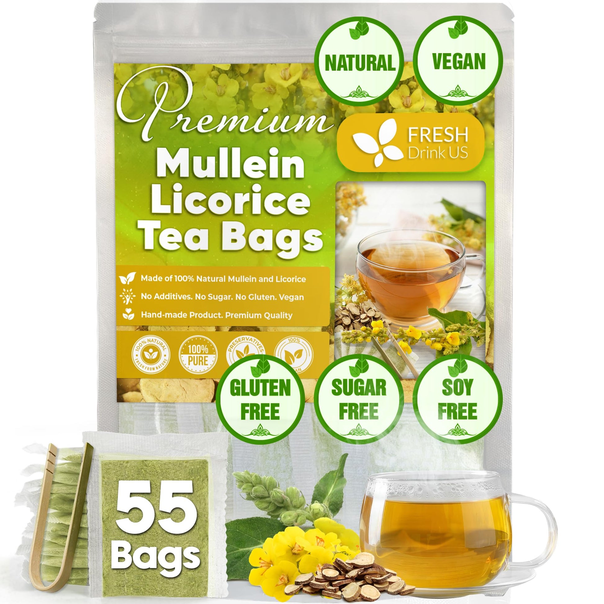FRESHDRINKUS Premium Mullein Licorice Tea Bags, 100% Natural, Vegan, 55 Tea Bags
