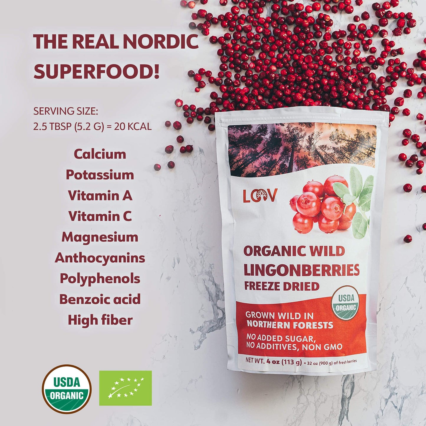 Loov Freeze Dried Organic Wild Lingonberries, No Sugar Added, 100% Dried Whole Fruit Lingonberries, Wild-Crafted From Northern E