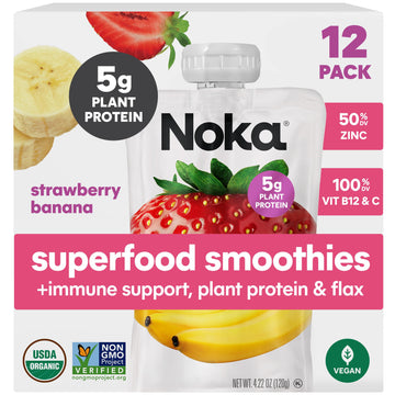 Noka Organic Superfood Fruit Smoothie Pouches, Strawberry Banana with Immune Support, Healthy Snacks with Elderberry, Vitamin C,