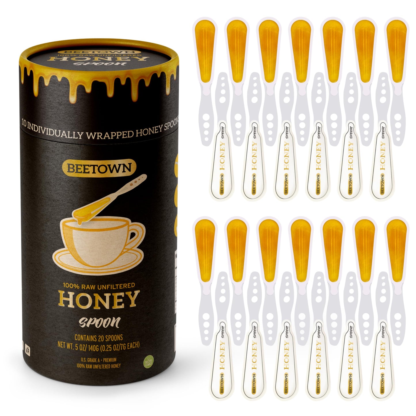 Elephant Park 100% Raw Unfiltered Honey Spoon Stirrer 20 Pack Premium Us Grade A Non-Gmo Individually Wrapped And Sealed On The