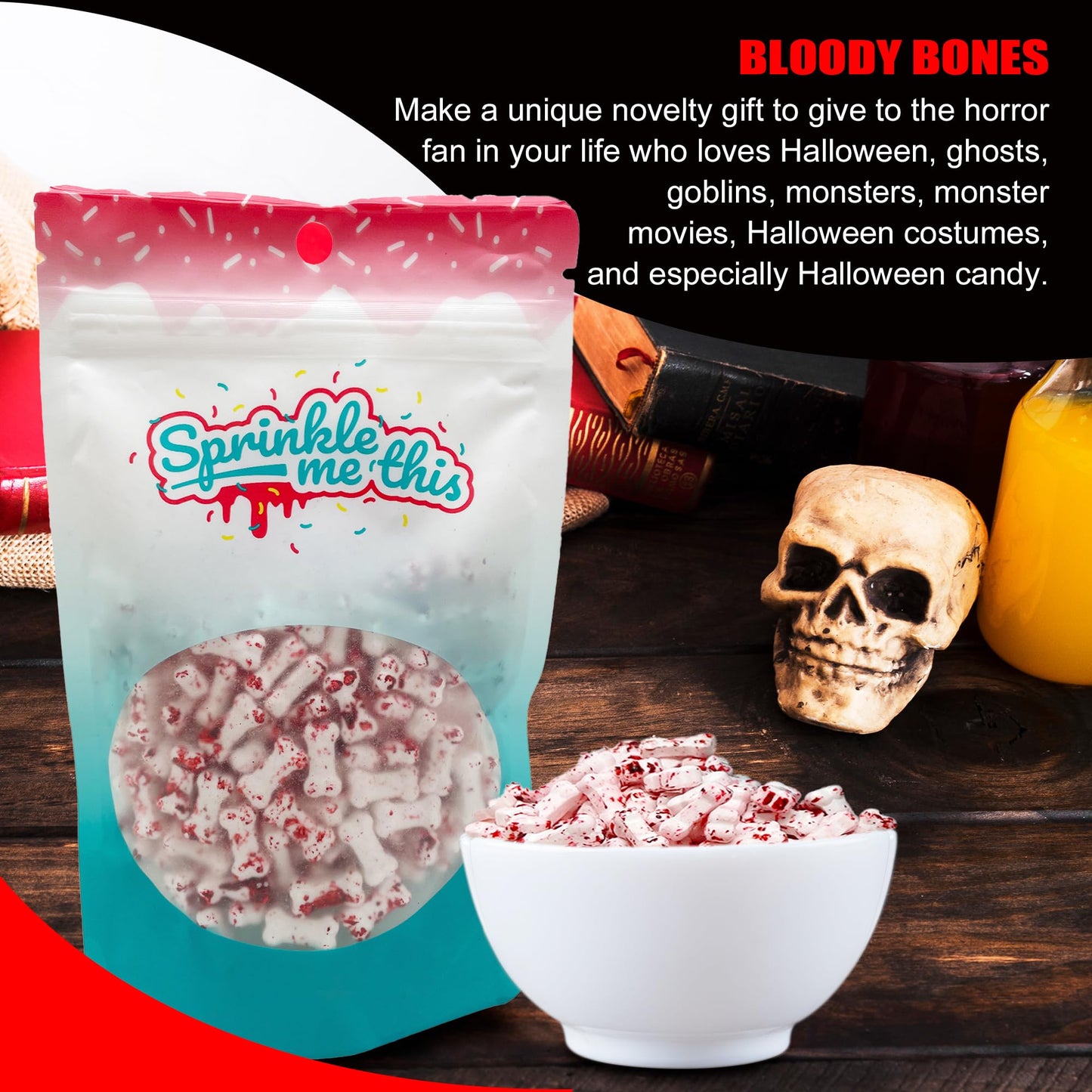 Bloody Bones Treat Toppers - 12 Oz Resealable Stand Up Candy Bag - White Candy Bone Shaped Sprinkles w/Red Splashes - Halloween