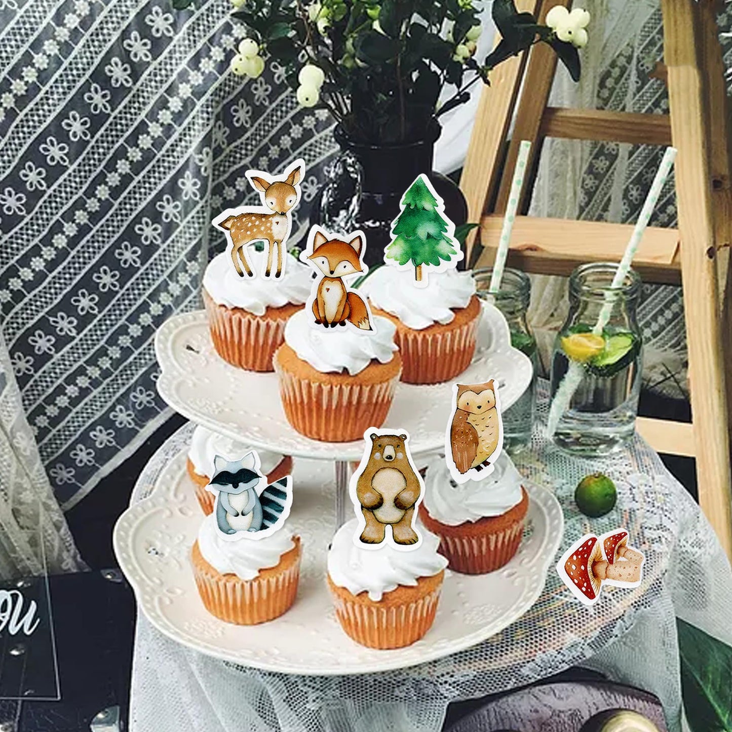 40Pcs Edible Animal Cupcake Toppers Wafer Paper Woodland Theme Animal Cupcake Toppers Picks For Animal Drink Topper Baby Shower
