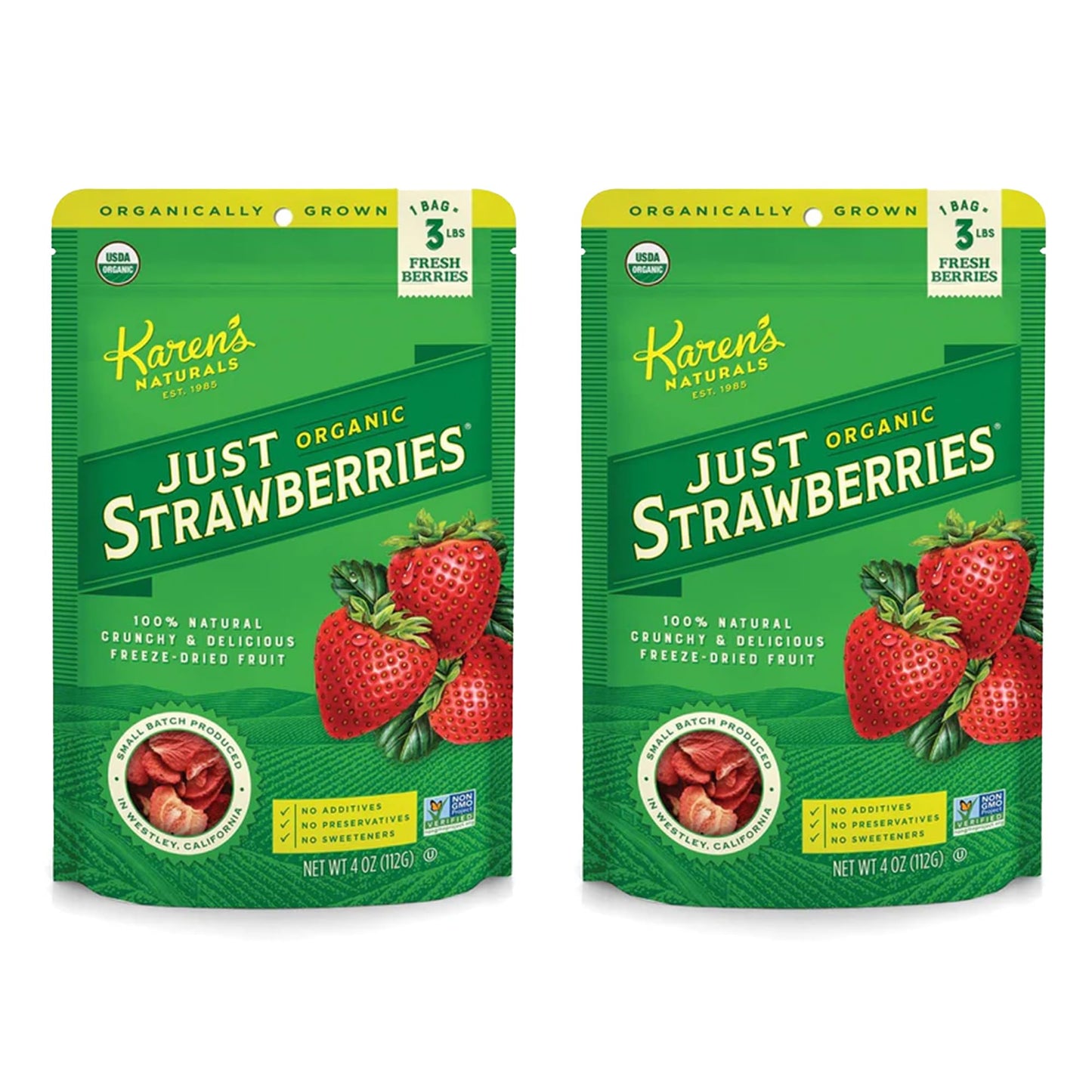 Karen's Naturals Organic Freeze-Dried Strawberries, 4oz, Pack of 2 - Crunchy, Flavor Packed Freeze Dried Fruit Snack, Organic St