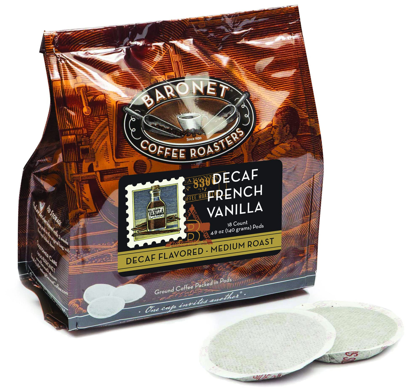Baronet Coffee Pods - Decaf French Vanilla, Medium Roast, Compostable, 54 Bags, 18 Count (Pack of 3)
