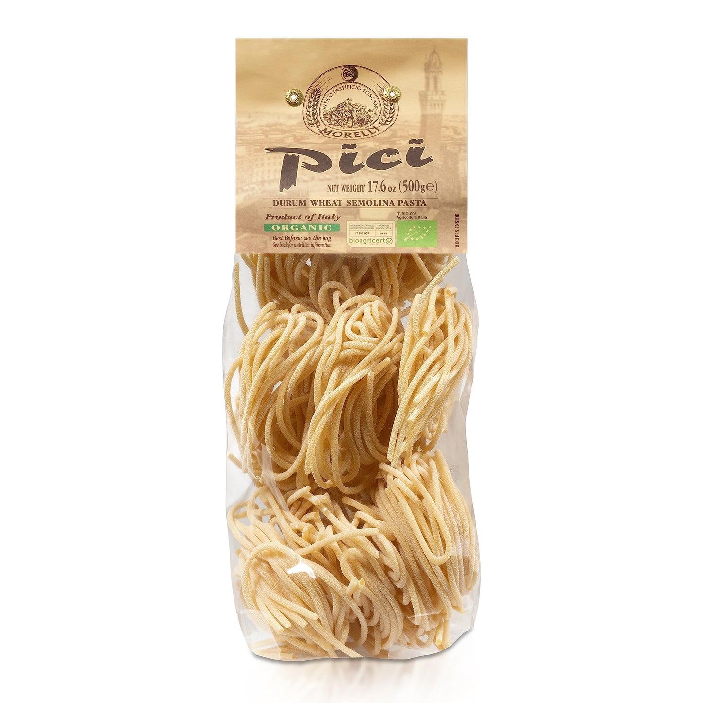 MORELLI Gourmet Organic Pici Pasta - Thick Noodles - 17.6oz (500g) - Italian Pici Pasta