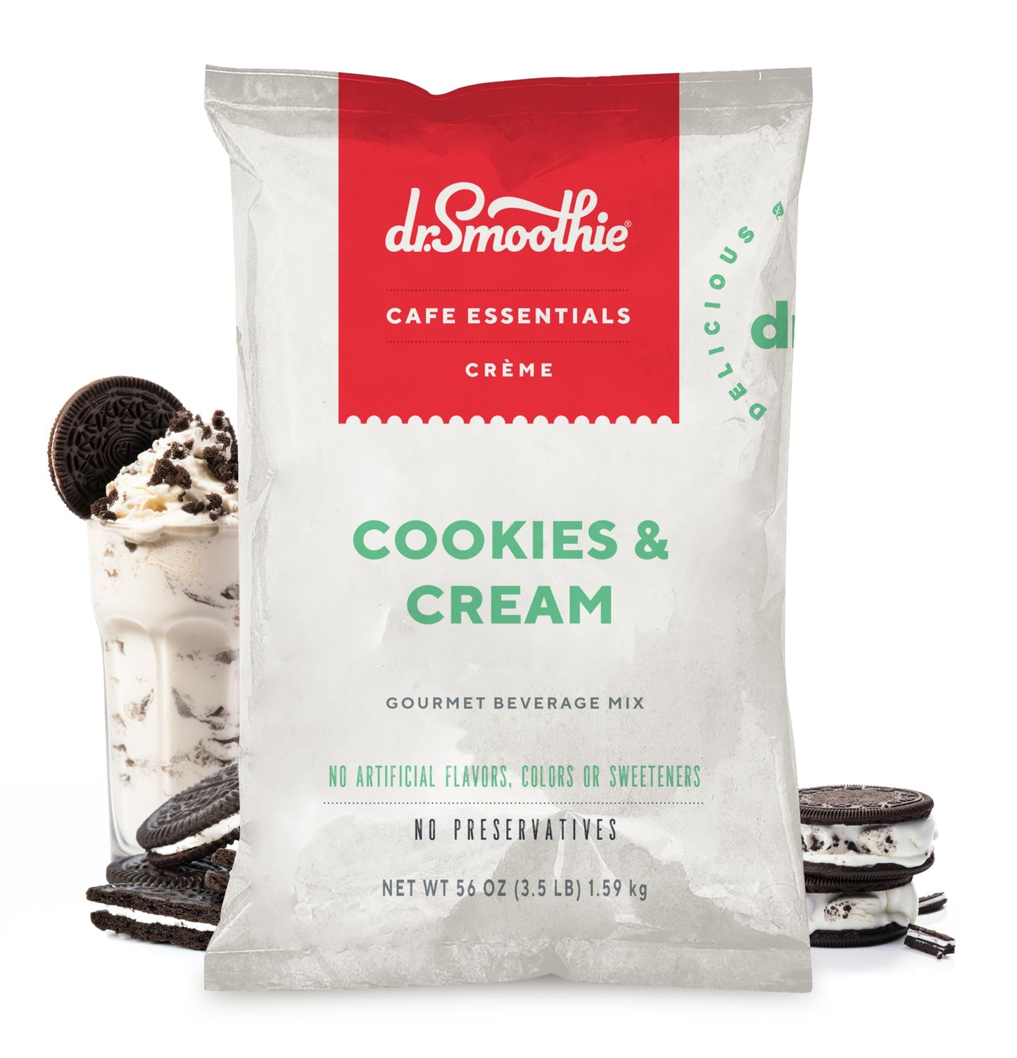 Dr. Smoothie Café Essentials Cookies & Cream Frappe Mix - Caffeine-Free, No Artificial Colors or Flavors, 3.5 lb Bag