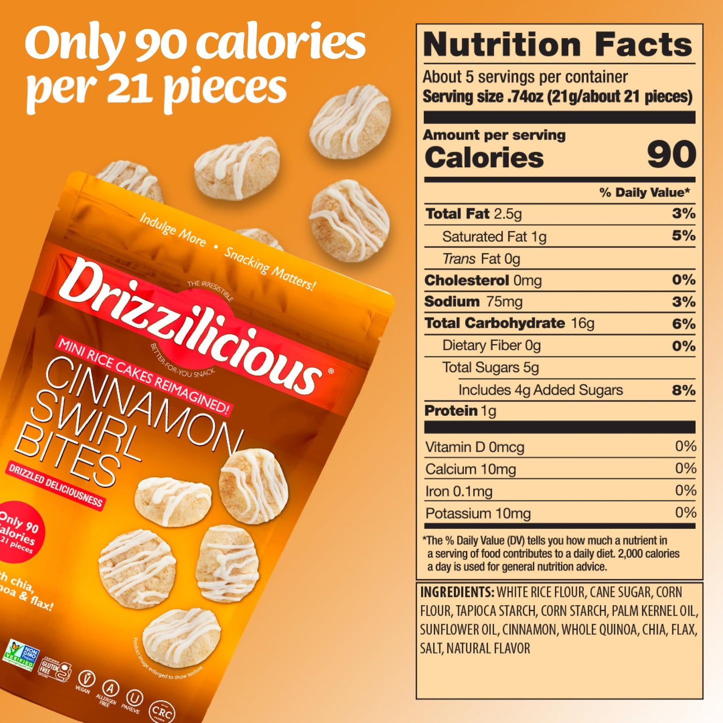 Drizzilicious Mini Rice Cakes, Cinnamon Swirl, Vegan, Gluten Free, 4 oz (Pack of 6)
