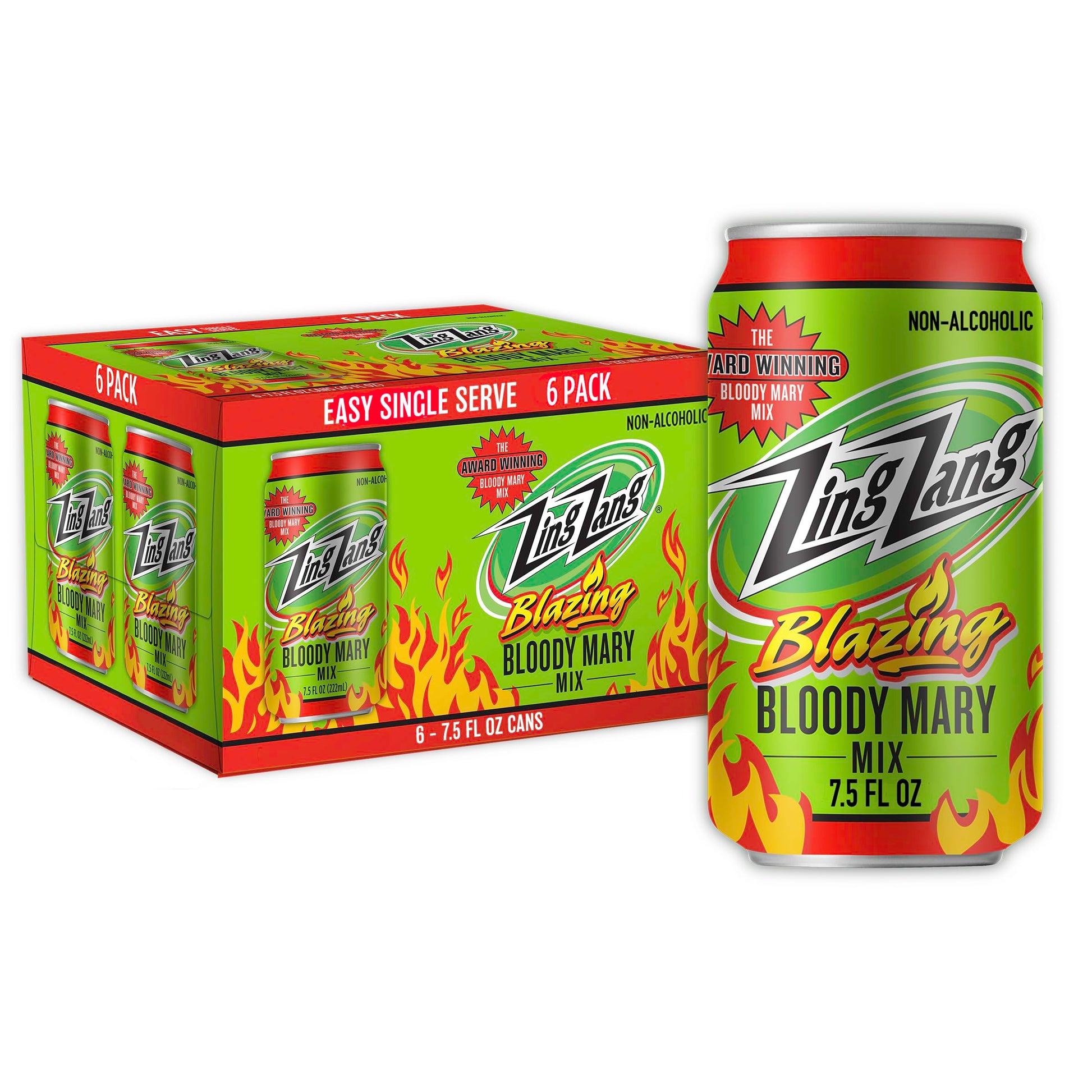 Zing Zang Blazing Bloody Mary Mix, Non-Alcoholic Cocktail Mixer, 7.5 Fl Oz Cans, Pack of 6