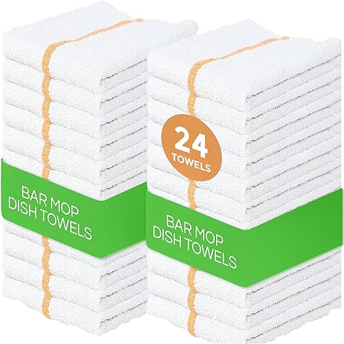 Towels N More 24 Gold Stripe Cleaning Towels For Kitchen, 16X19 Bar Mop Dish Towels - 30Oz Commercial Grade Cotton Absorbent Reu