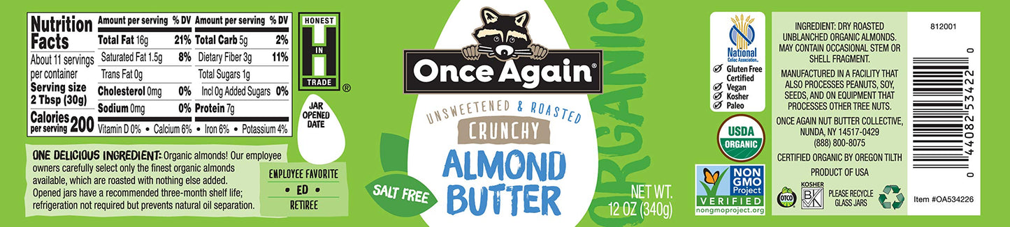 Once Again Organic Crunchy Almond Butter, 12Oz - Roasted - Salt Free, Unsweetened - Usda Organic, Gluten Free Certified, Peanut