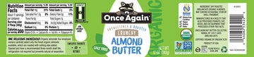 Once Again Organic Crunchy Almond Butter, 12Oz - Roasted - Salt Free, Unsweetened - Usda Organic, Gluten Free Certified, Peanut
