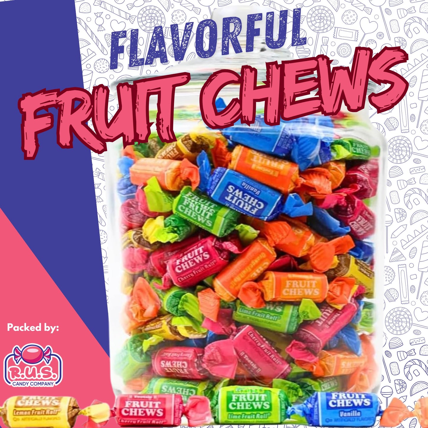 R.U.S. Candy Fruit Chews Candy - Assorted Flavors - Individually Wrapped - 1 lb Bulk Bag - Soft & Chewy Taffy