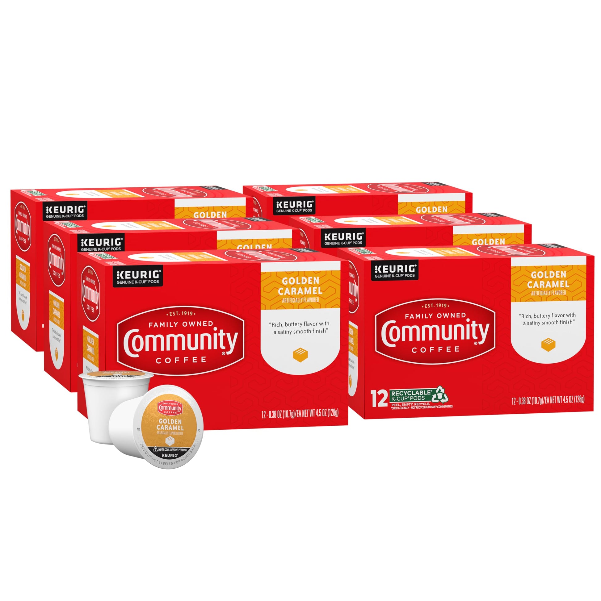Community Coffee Golden Caramel Flavored Coffee Pods, Medium Roast, 12 Count (Pack of 6), Compatible with Keurig 2.0, Model 16309-6