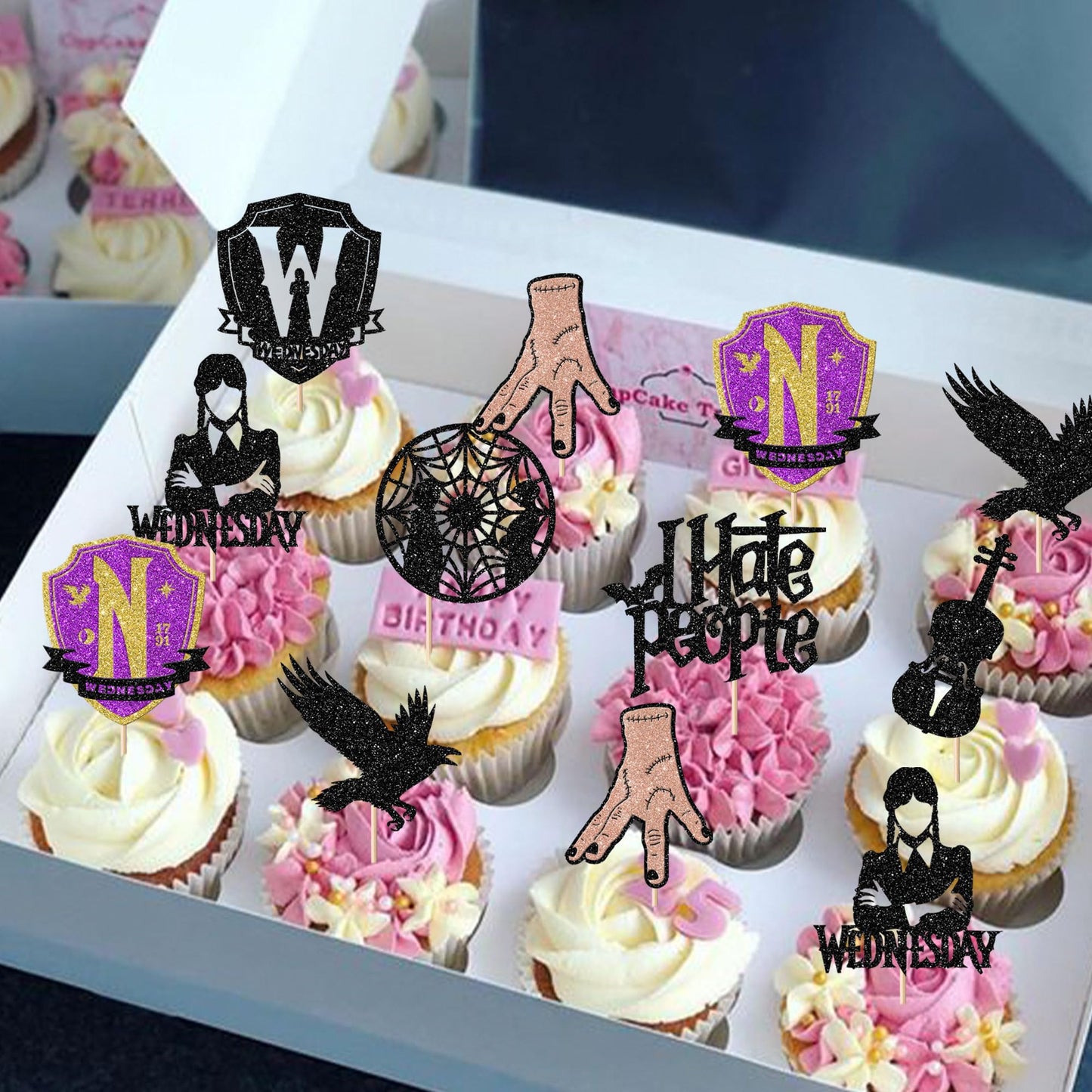 YCTHUNFISH Cupcake Toppers, 24 Pack Glitter Wednesday Addams, Paper, W 6.2 x H 7.8, Black Bat Girl Birthday Party Decorations