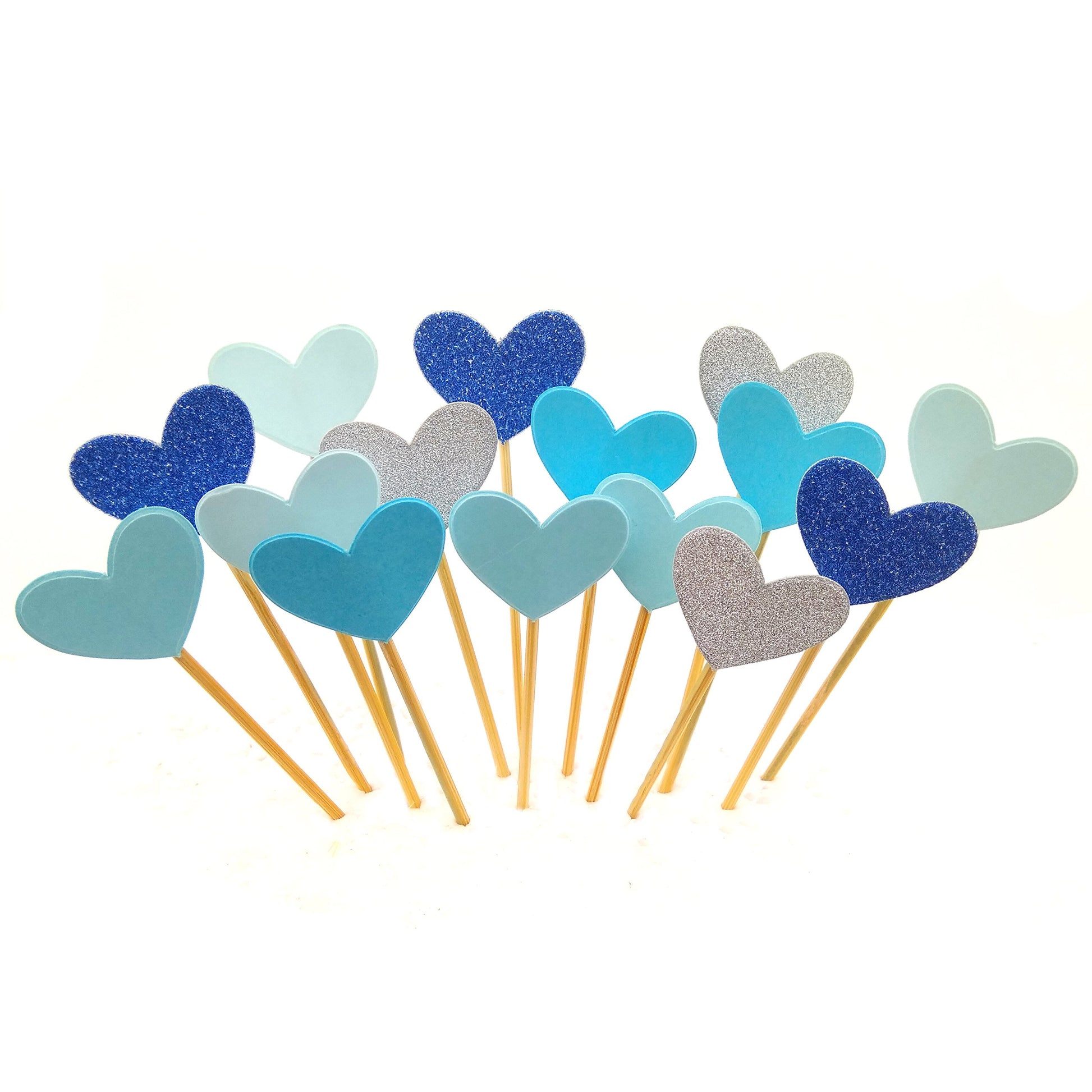 GUCUJI Cupcake Toppers Set, 30Pcs Funny Blue Heart DIY Glitter Picks for Birthday, Wedding, Baby Shower Decorations