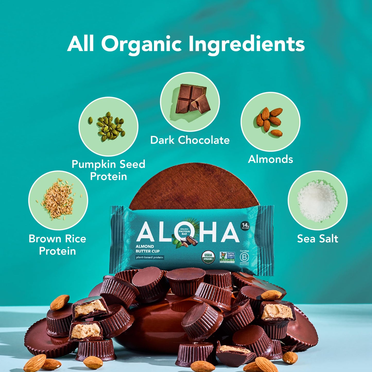 ALOHA Organic Plant Based Protein Bars - Almond Butter Cup - Vegan, Gluten-Free, Low Sugar - 12 Bars, 1.7 x 4.15 x 0.375 inches