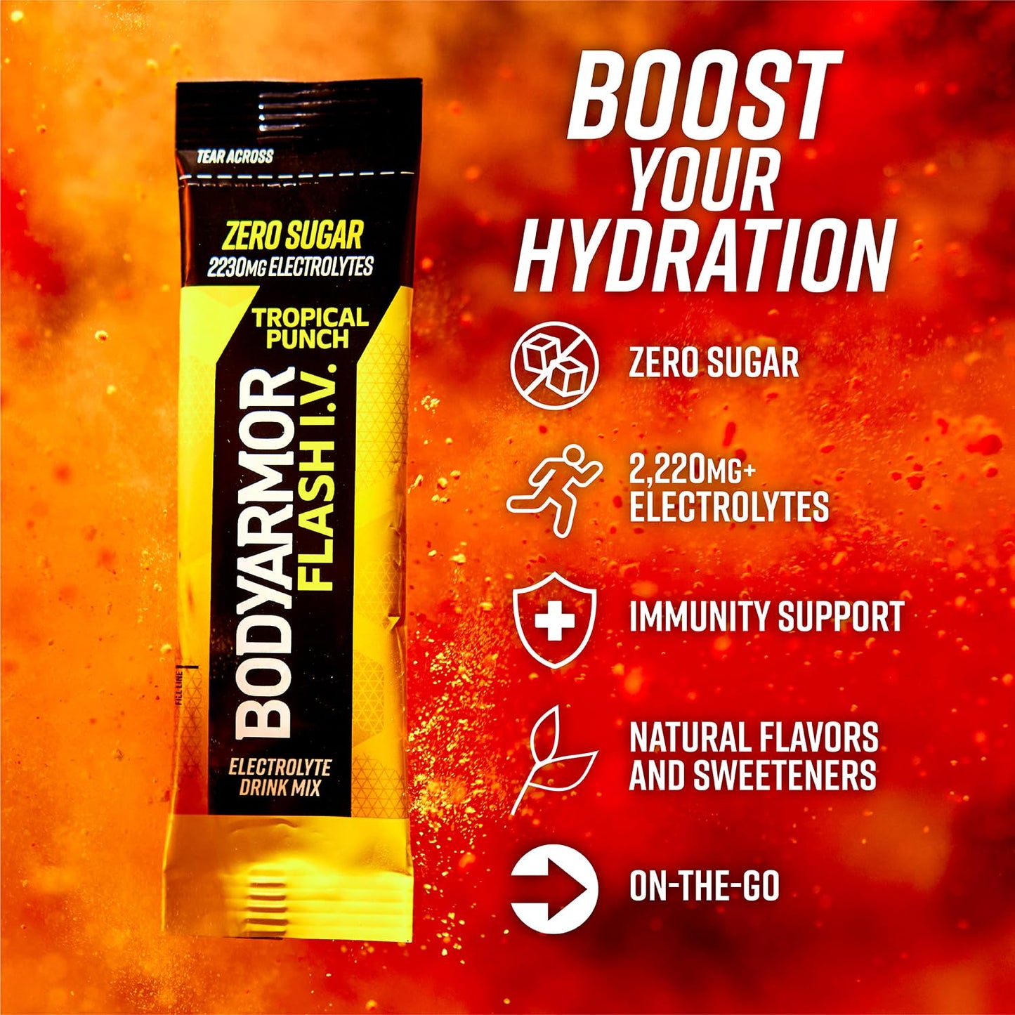 BODYprotective covering Flash IV Electrolyte Packets, Tropical Punch, Zero Sugar Drink Mix, 15 Servings, Coconut Water Powder