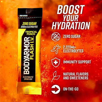 BODYprotective covering Flash IV Electrolyte Packets, Tropical Punch, Zero Sugar Drink Mix, 15 Servings, Coconut Water Powder