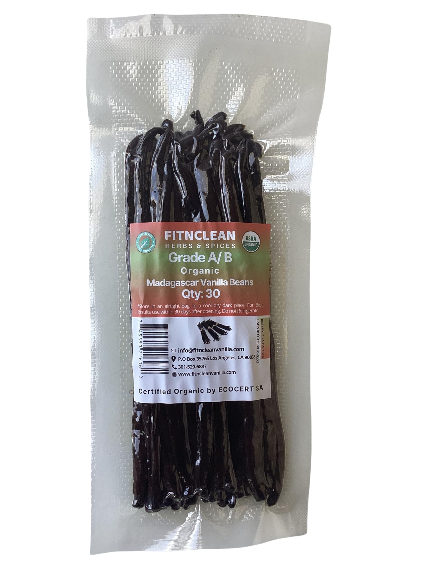 FITNCLEAN VANILLA 30 Organic Madagascar Vanilla Beans Grade A/B - 5-7 Fresh Whole Non-GMO Pods, USDA Certified Organic