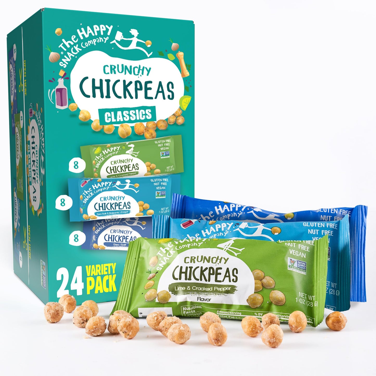 Happy Snack Company Crunchy Chickpeas Classics Variety Pack (Pack of 24 1oz) Classic Sea Salt x 8 Lime & Cracked Pepper x8 Sea S
