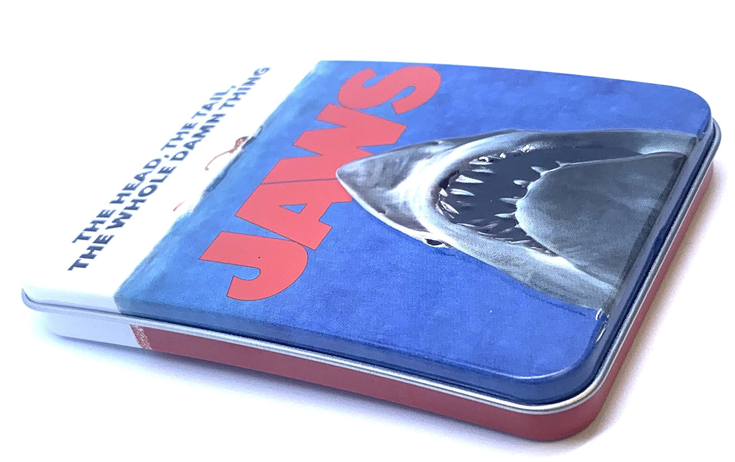 Boston America Jaws Amity Island Candy - Shark Teeth Shaped Tin - Sour Cherry Flavor - Large - Blue, Grey, White