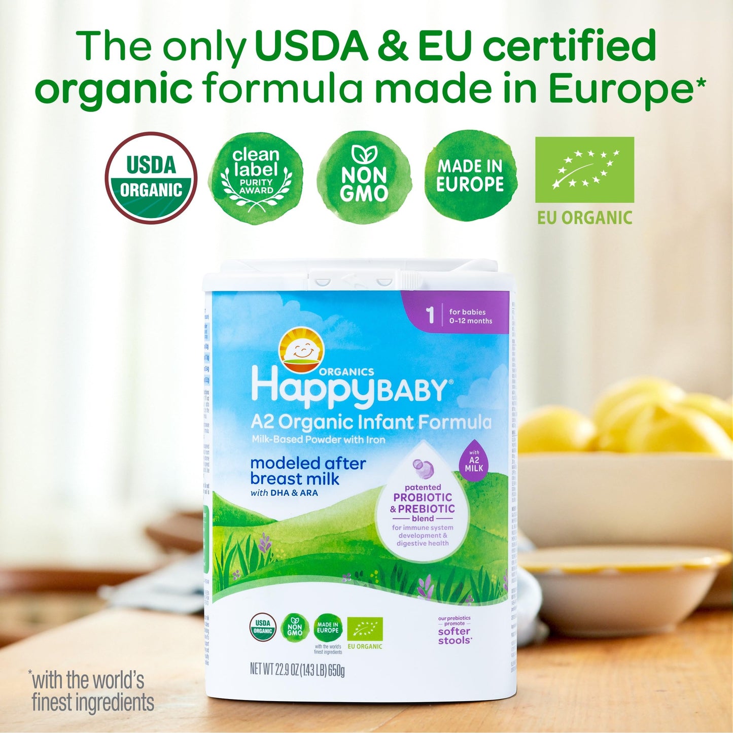 Happy Baby Organics Stage 1 A2 Infant Formula, 0-12 Months, Milk Based Organic Baby Formula Powder with A2 Milk, Probiotics & Pr