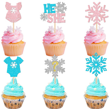 24 PCS Snowflake Gender Reveal Cupcake Toppers Pink Blue Glitter He or She Snowflake Cupcake Picks Boy or Girl Cake Decorations 