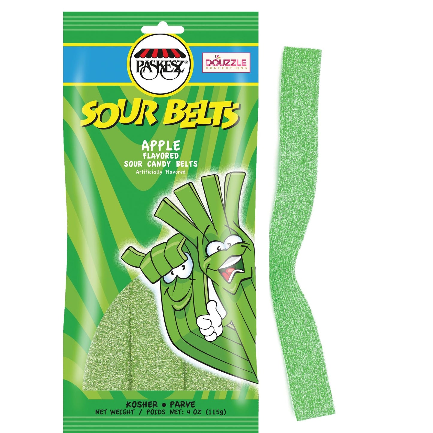 DOUzzle Back To School Sour Belts Chewy Candy Strips Green Apple (4 OZ - 1 Pack) Goodie Bag Stuffer, Pinata Filler - Kosher Parv