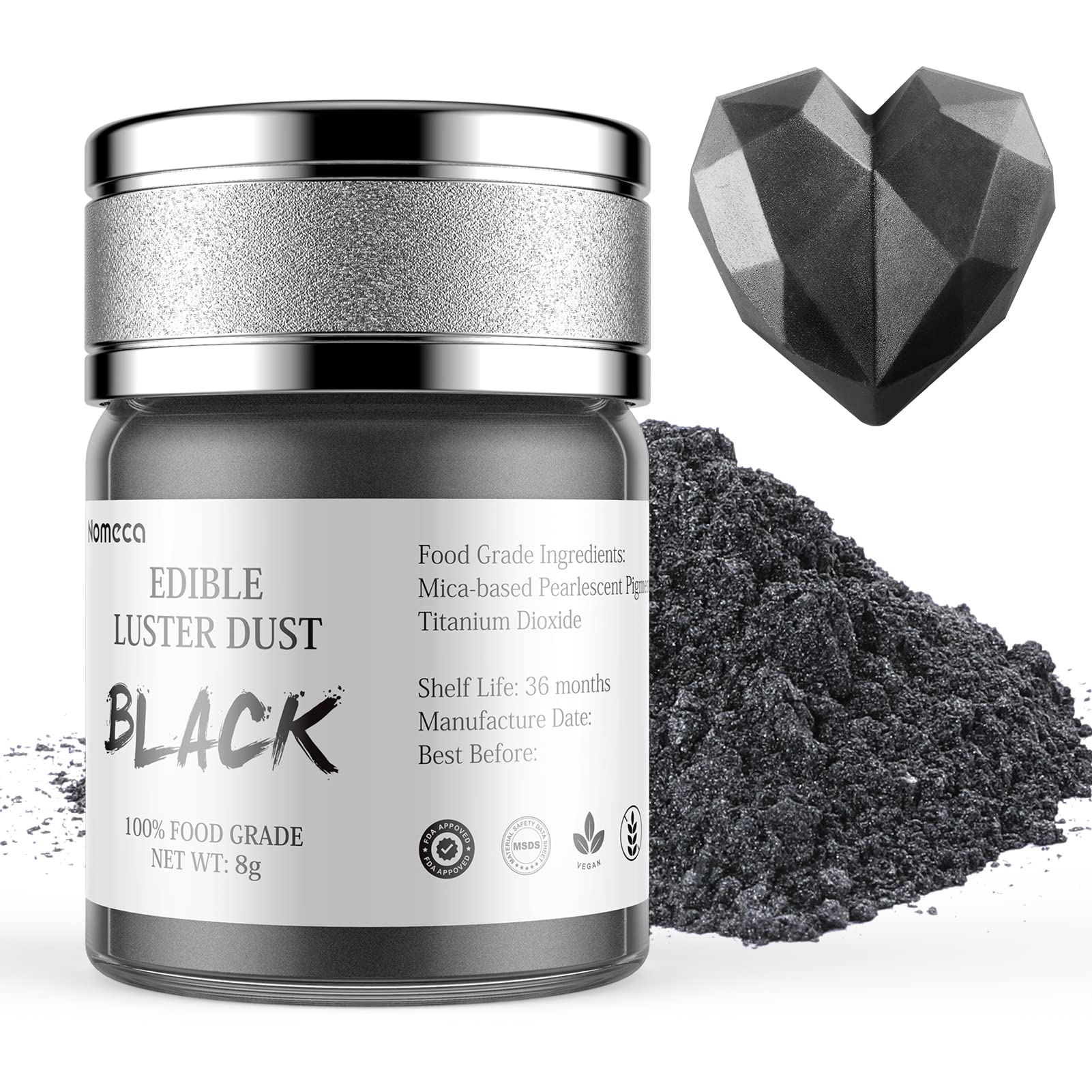 Nomeca Edible Luster Dust, Food Grade Metallic Shimmer Powder, 8g, Black