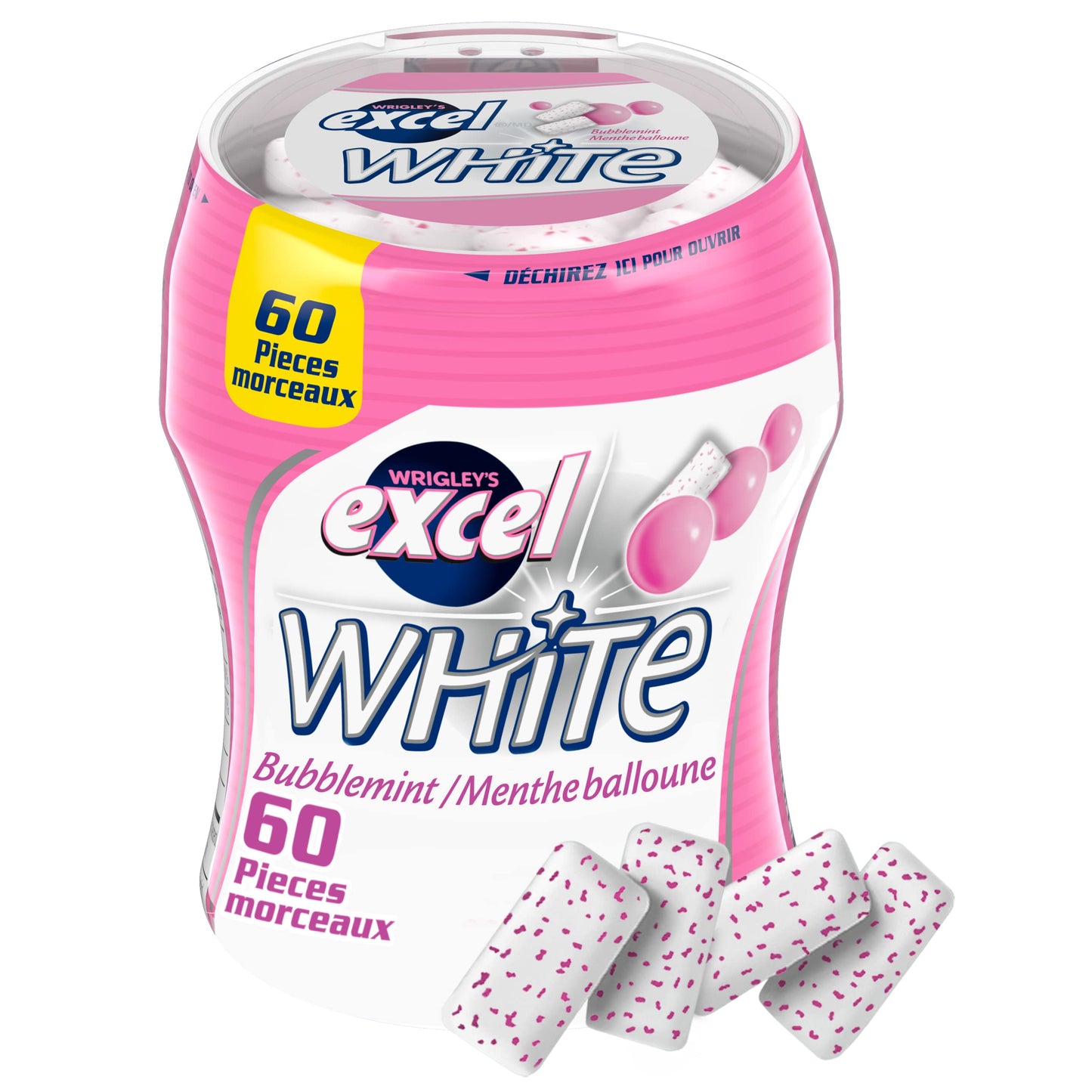 Excel Sugar-Free Gum, Bubblemint Flavor, 60 Pieces, White, Model 92075, 6 Count Bottle