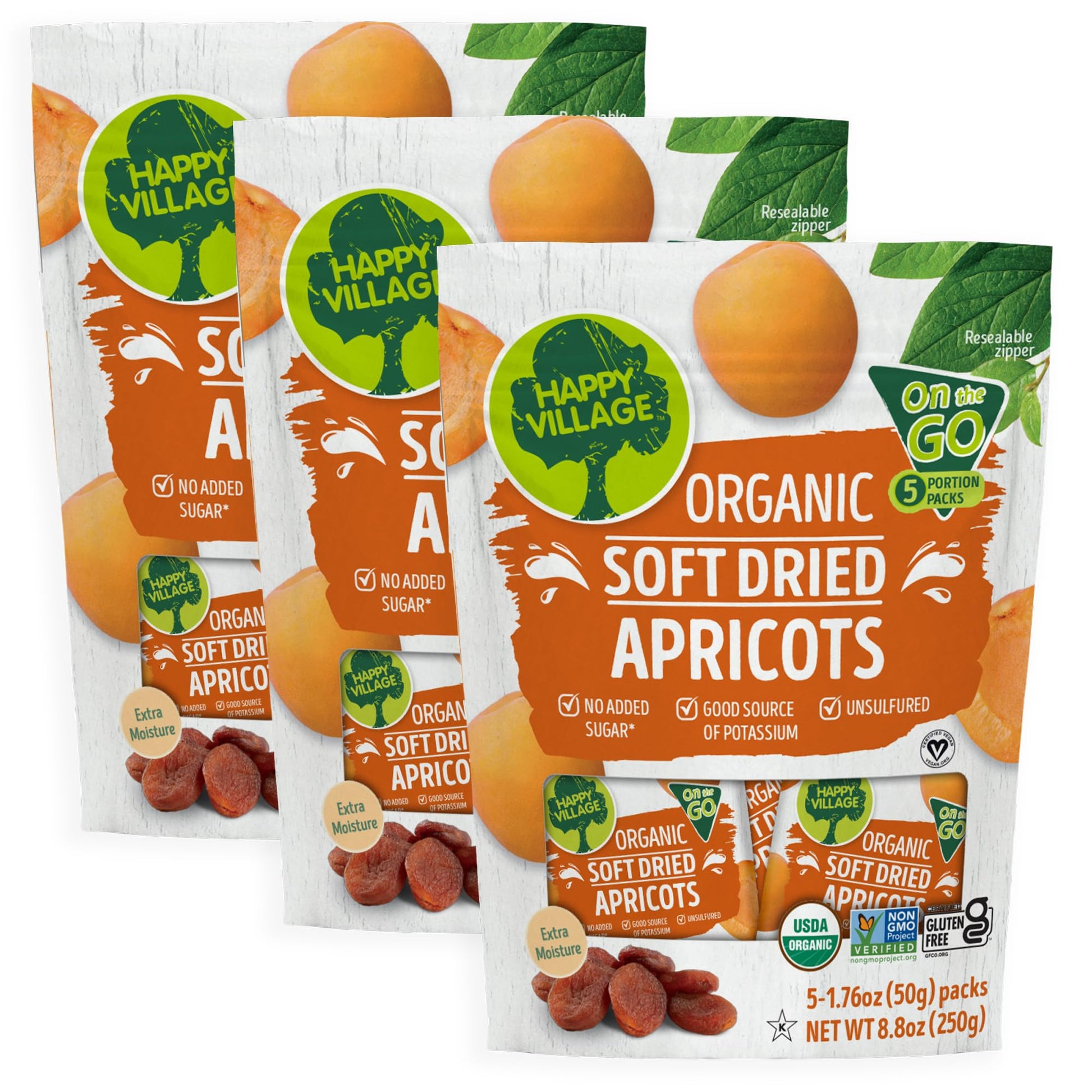 Happy Village Organic Soft Dried Apricots On the Go - 3 Bags (15 Individual Portion Packs) | Healthy, Organic, Non-GMO, Vegan, K