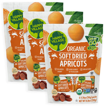 Happy Village Organic Soft Dried Apricots On the Go - 3 Bags (15 Individual Portion Packs) | Healthy, Organic, Non-GMO, Vegan, K