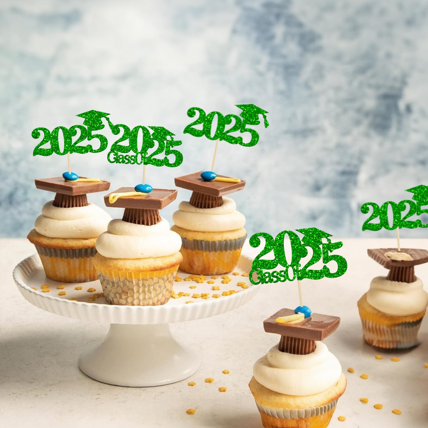Gyufise 24Pcs Class Of 2025 Cupcake Toppers Green Glitter 2025 Graduation Cake Topper Decorations Grad Cap 2025 Cupcake Picks Fo