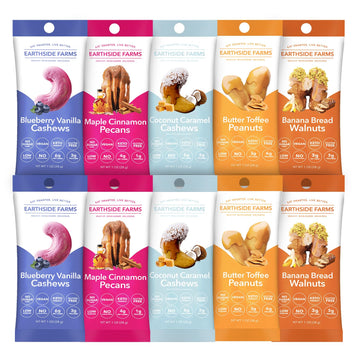 Earthside Farms 10 Count Variety Pack, Individual Packs of Candied Pecans, Flavored Peanuts, and Sweet Almonds, A Keto Friendly,