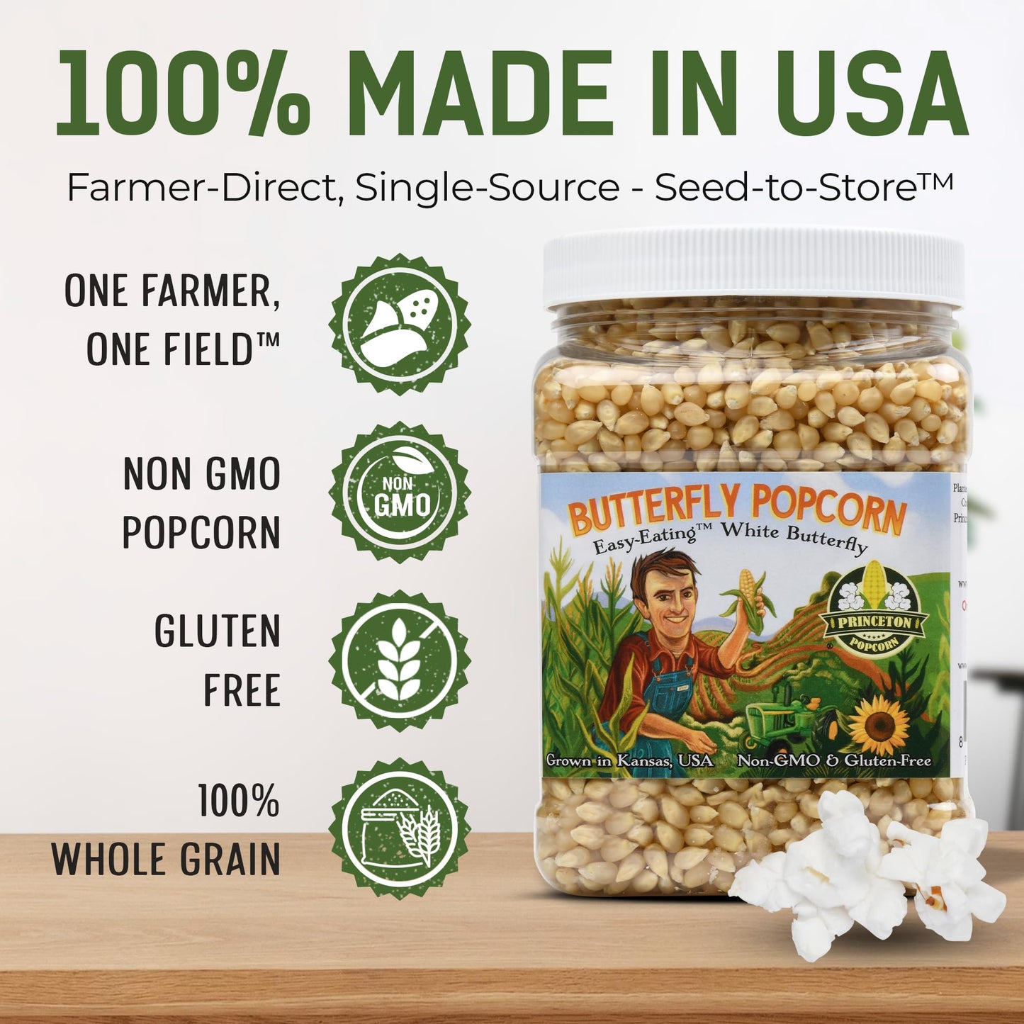 Princeton Popcorn Hulless Popcorn Kernels, Easy-Eating, Non-GMO, 6-Pack, 96oz, Brown and White