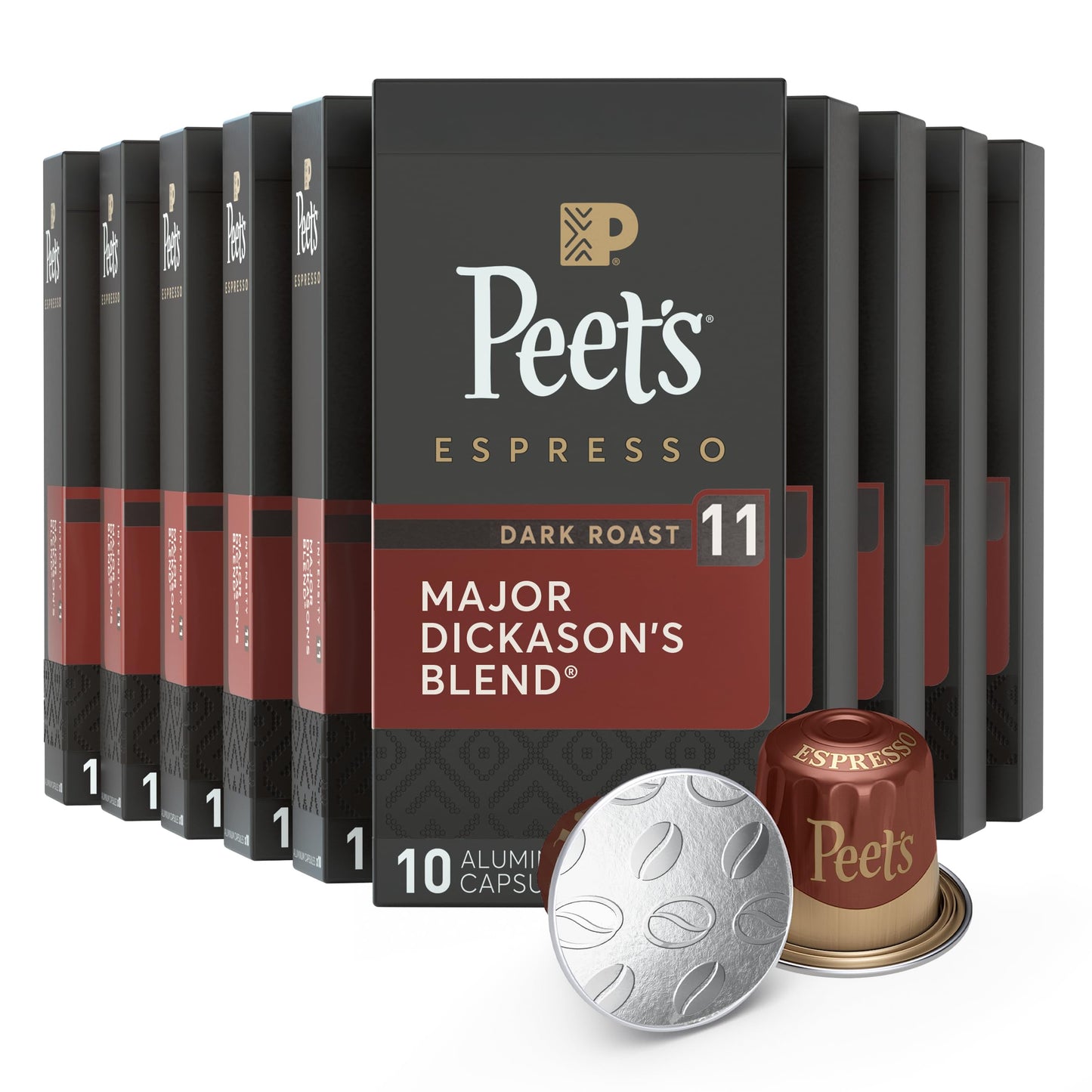 Peets Coffee Dark Roast Espresso Capsules - Major Dickasons Blend, Intensity 11, 100 Count (10 Boxes of 10)