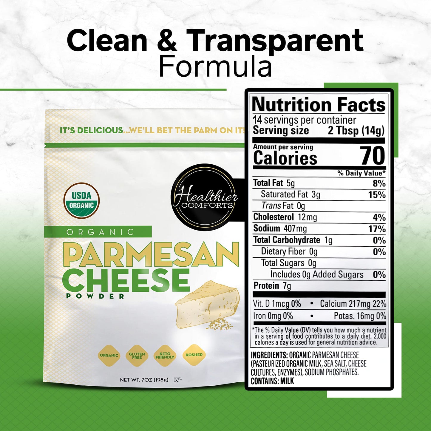 Healthier Comforts Organic Parmesan Cheese Powder, Kosher, Non-Gmo, Chemical Free, Gluten Free, Keto Friendly, From Cows Raised Free Of  S Or  S (Rbgh Or Rbst) (7 Ounce (Pack Of 1), Organic Parmesan)