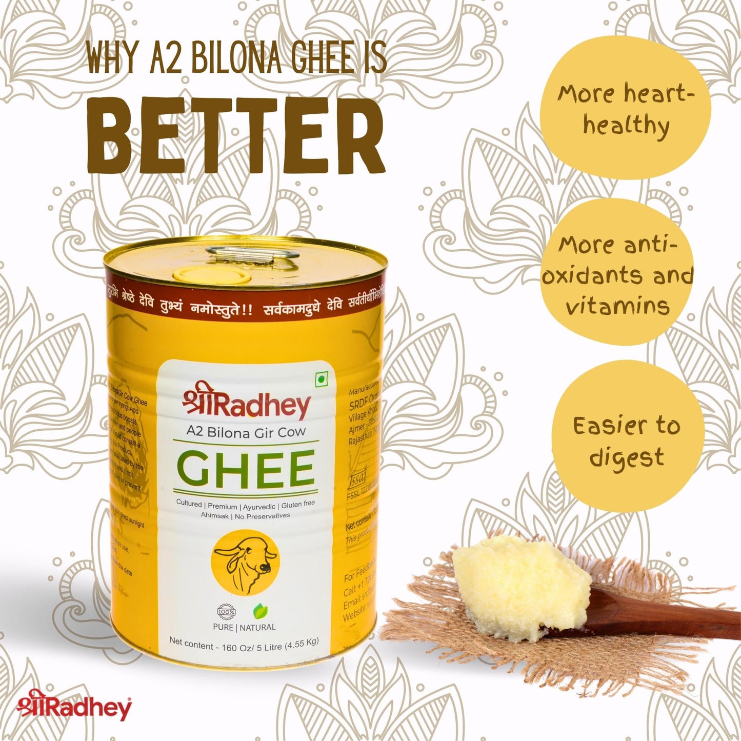 SHREERADHEY A2 Bilona Gir Cow Ghee, 5 Litre, Pure, Natural, Lactose & Gluten Free, Keto Friendly, Food Grade TIN